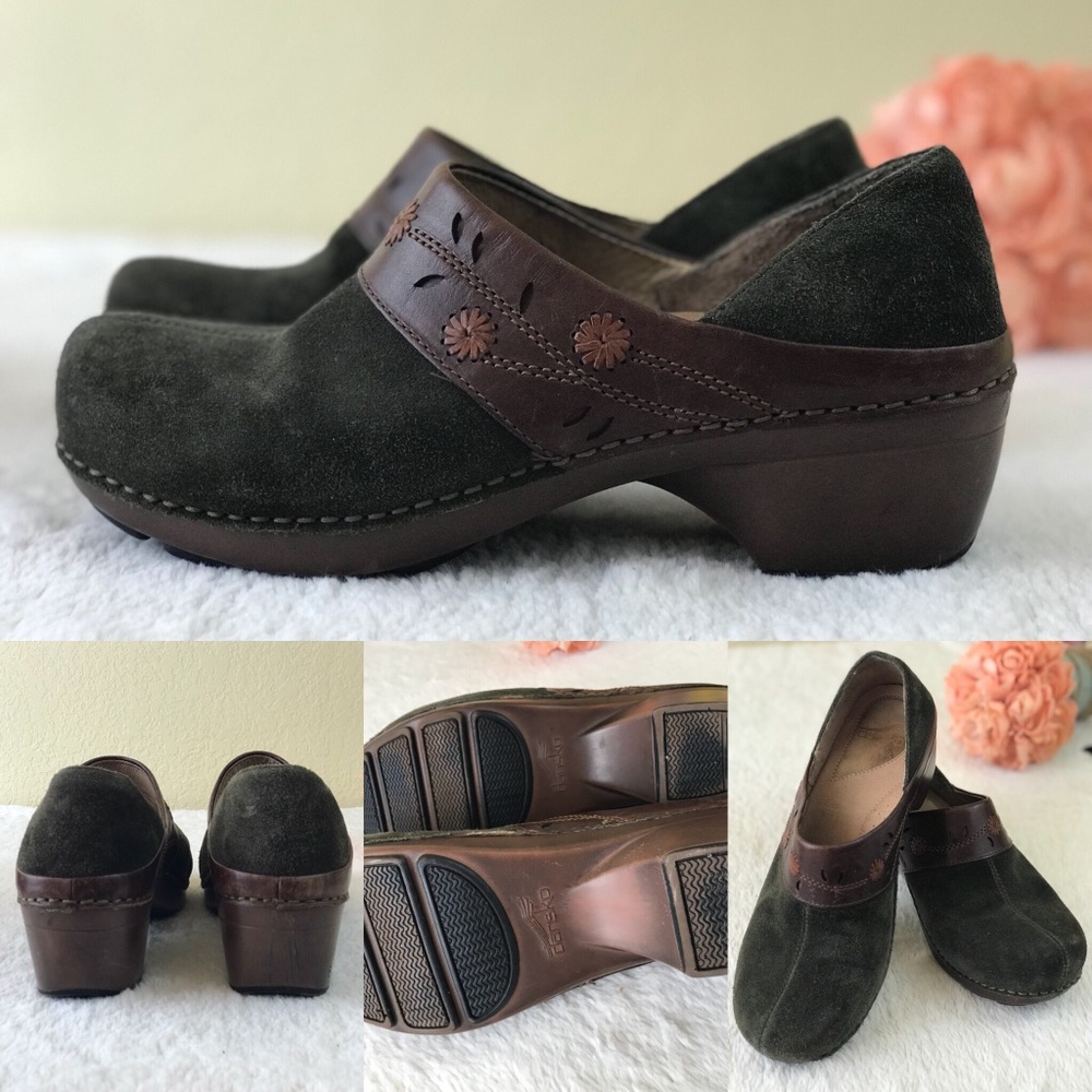 Dansko Green Suede Clogs Leather Floral Accents 40